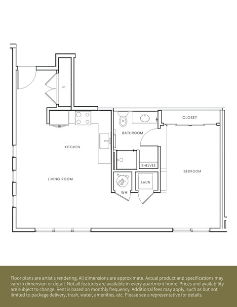 Floor plan for studio, 1 bath, 725 sqft